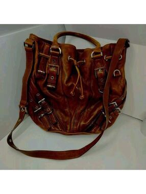Michael Kors Leather Tote Hobo Shoulder Bag Distressed Look Large Bucket Buckle